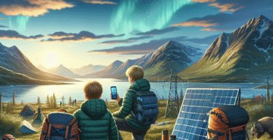 Gutter på tur med moderne gadgets: bærbar solpanel, powerbank, ryggsekker og kveldsstemning i nordisk landskap, realistisk stil