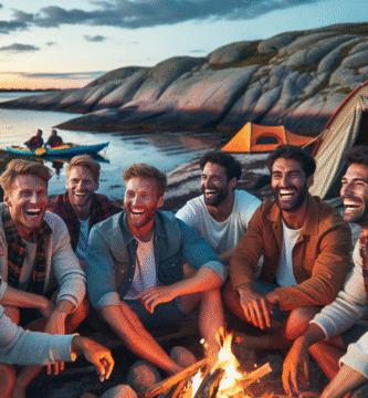 En gruppe menn som ler rundt et bål ved kysten ved solnedgang, telt og kajakker i bakgrunnen, varm atmosfære og naturlandskap i nordisk stil