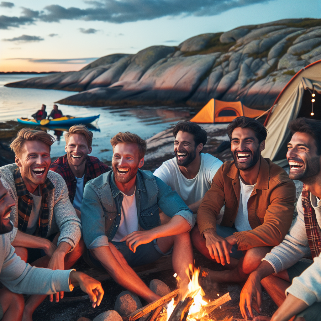 En gruppe menn som ler rundt et bål ved kysten ved solnedgang, telt og kajakker i bakgrunnen, varm atmosfære og naturlandskap i nordisk stil