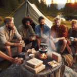 Gruppe menn på tur rundt et primeteltsted, enkel turmat pakket i bivokspapir, kaffekopp på primus, myk kveldssol og naturlig norsk landskap