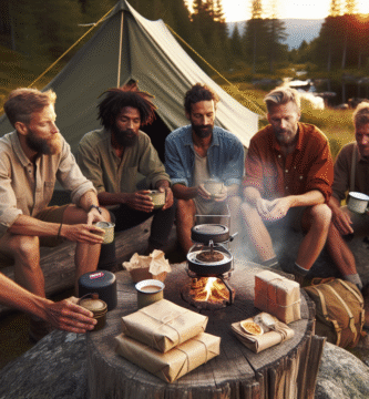 Gruppe menn på tur rundt et primeteltsted, enkel turmat pakket i bivokspapir, kaffekopp på primus, myk kveldssol og naturlig norsk landskap