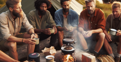 Gruppe menn på tur rundt et primeteltsted, enkel turmat pakket i bivokspapir, kaffekopp på primus, myk kveldssol og naturlig norsk landskap