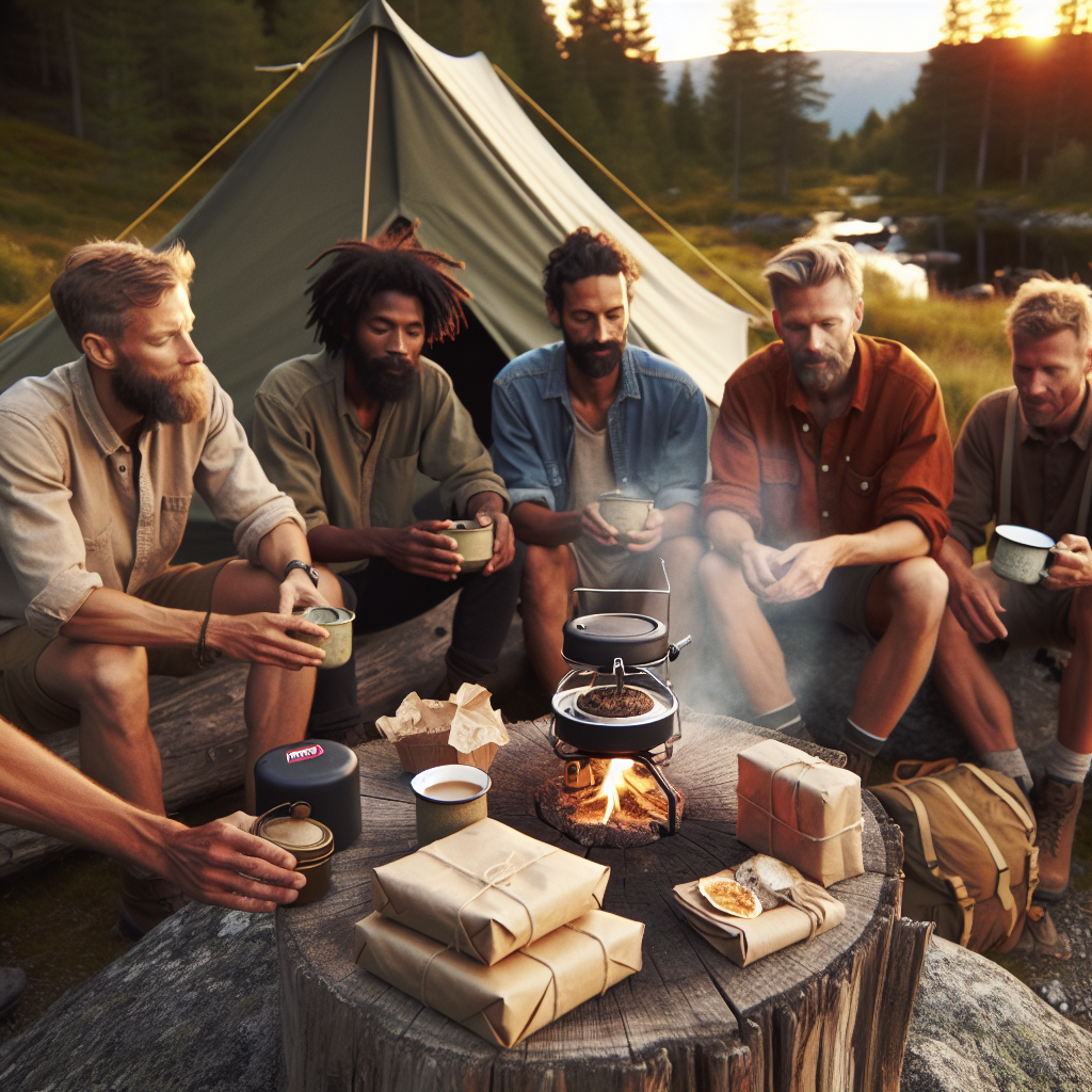Gruppe menn på tur rundt et primeteltsted, enkel turmat pakket i bivokspapir, kaffekopp på primus, myk kveldssol og naturlig norsk landskap