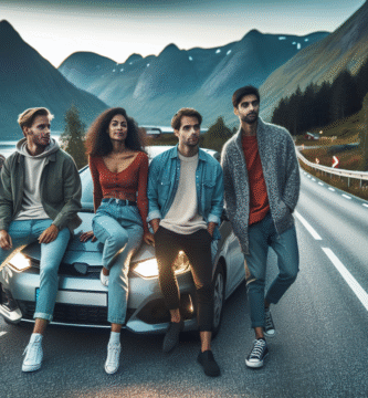 Moderne gjeng venner på roadtrip med leiebil på norsk fjellvei ved skumring, avslappet stemning, realistisk foto, fokus på bilen og venner