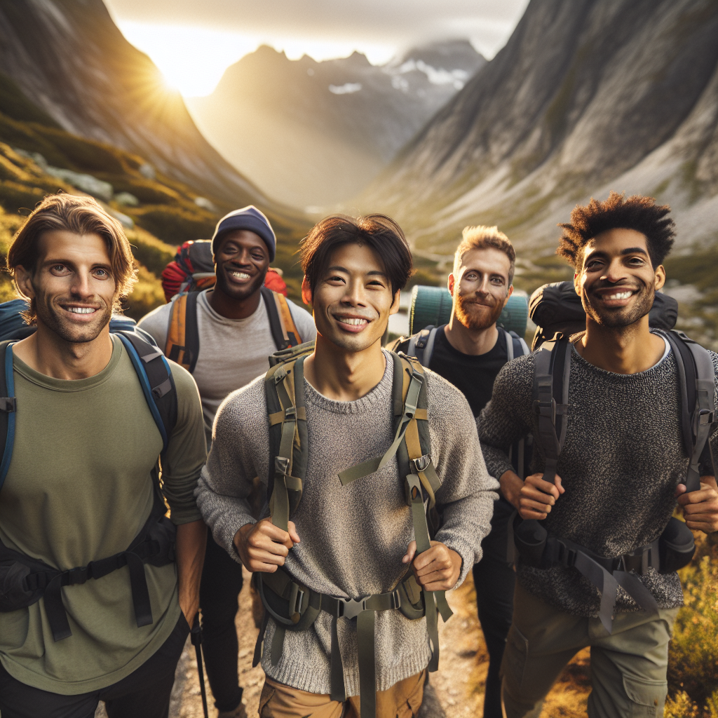 En gruppe menn på fottur i norsk fjellandskap ved soloppgang, med sekker og smil, naturlig kameratskap og stier i bakgrunnen