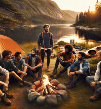 En gruppe menn på tur rundt leirbålet ved en innsjø i norsk landskap, telt og kajakk i bakgrunnen, varm stemning og naturlig lys ved skumring