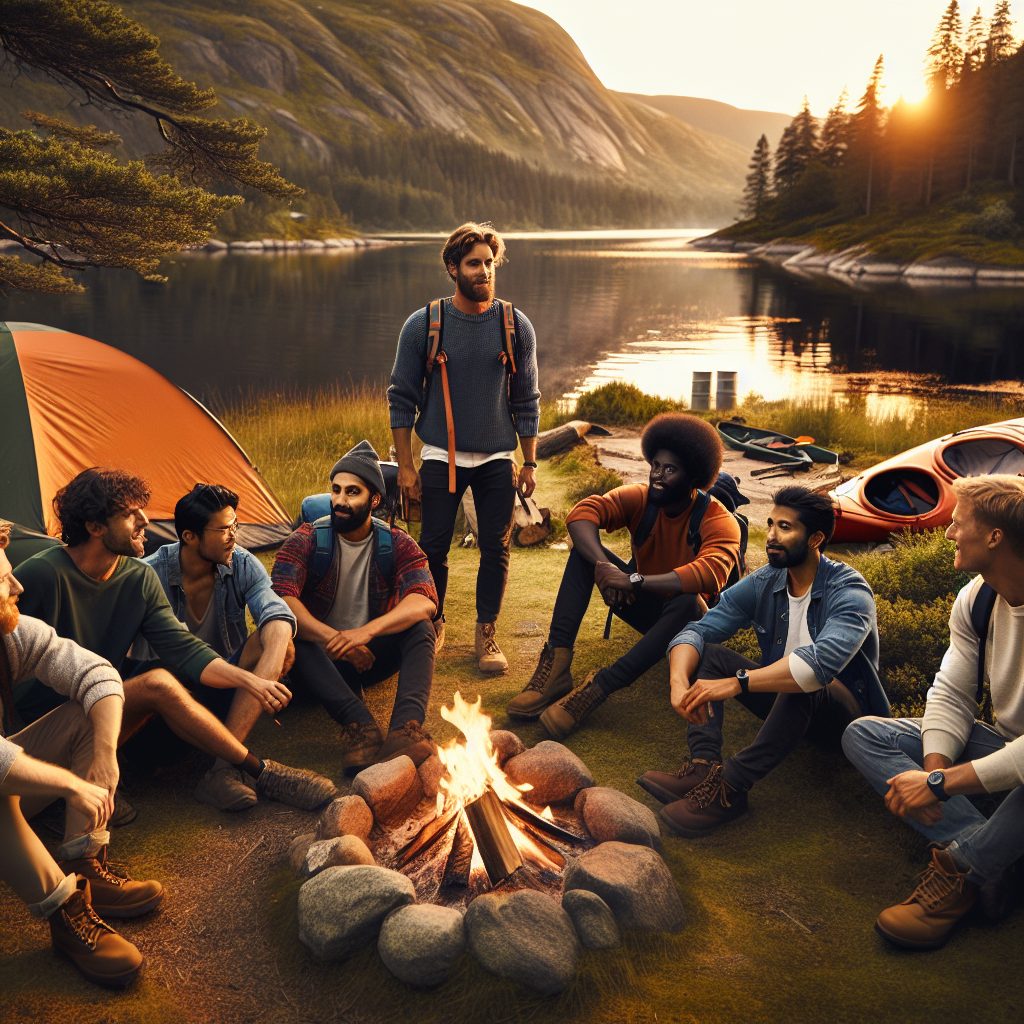 En gruppe menn på tur rundt leirbålet ved en innsjø i norsk landskap, telt og kajakk i bakgrunnen, varm stemning og naturlig lys ved skumring