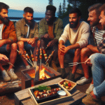 Gruppeliv på guttetur: venner rundt et bål, grillmat på spyd, enkel matpakke på et trebord, nordisk kveldsstemning, varm fargepalett