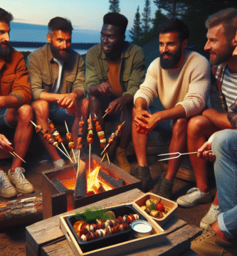 Gruppeliv på guttetur: venner rundt et bål, grillmat på spyd, enkel matpakke på et trebord, nordisk kveldsstemning, varm fargepalett
