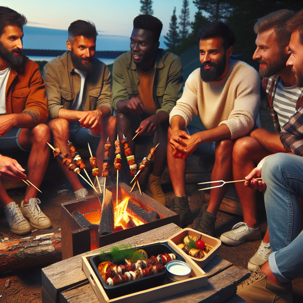 Gruppeliv på guttetur: venner rundt et bål, grillmat på spyd, enkel matpakke på et trebord, nordisk kveldsstemning, varm fargepalett