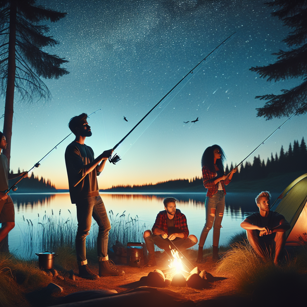 En gruppe venner ved en nordisk innsjø i skumring, fiskestenger, telt i bakgrunnen, varmt leirbål, rolig vann og stjernehimmel, stemningsfullt og naturlig